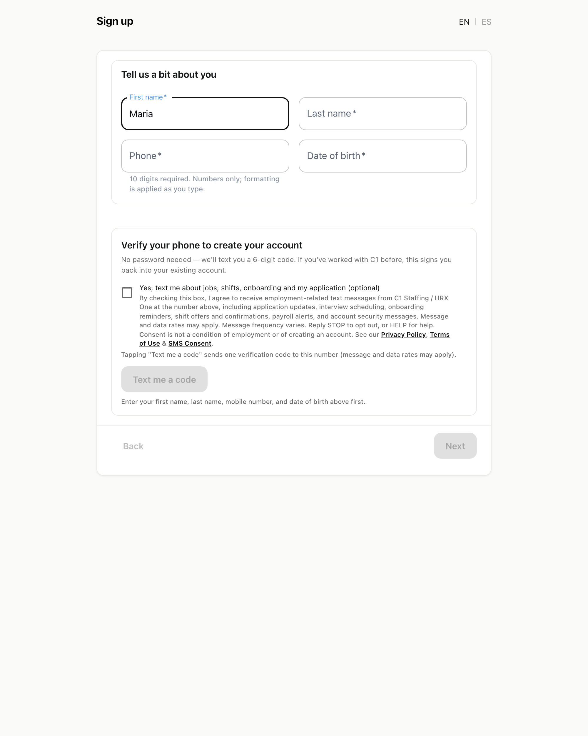 HRX One sign-up form showing first name, last name, phone and date of birth fields, then the separate unchecked SMS consent checkbox with its full disclosure, and the 'Text me a code' button